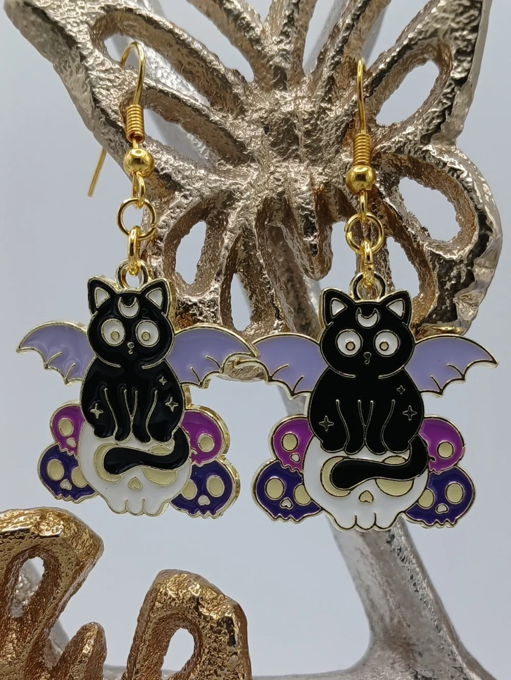 Unknown Brand Black Bat-Cat Enamel Dangle Earrings - Purple Accents